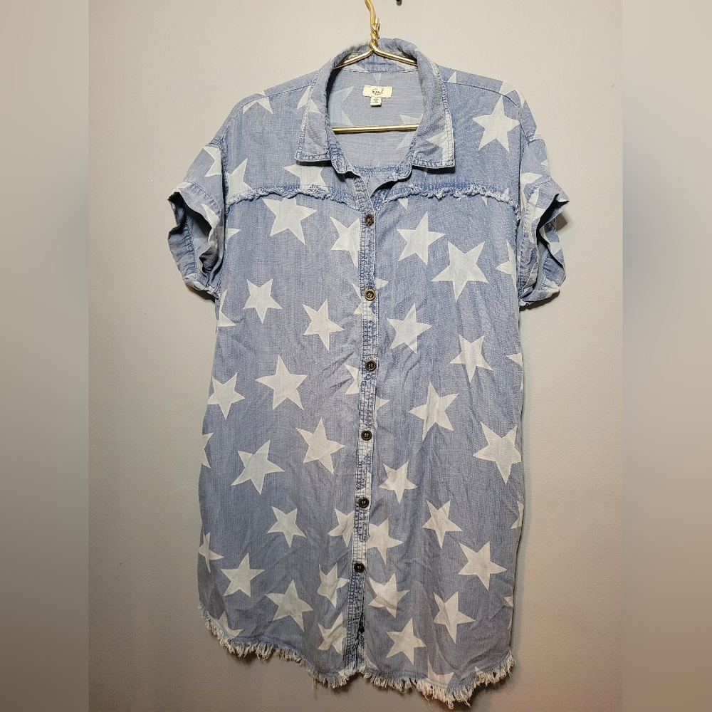 Easel Twinkle Star Cotton Denim Button Up Dress Raw Hem